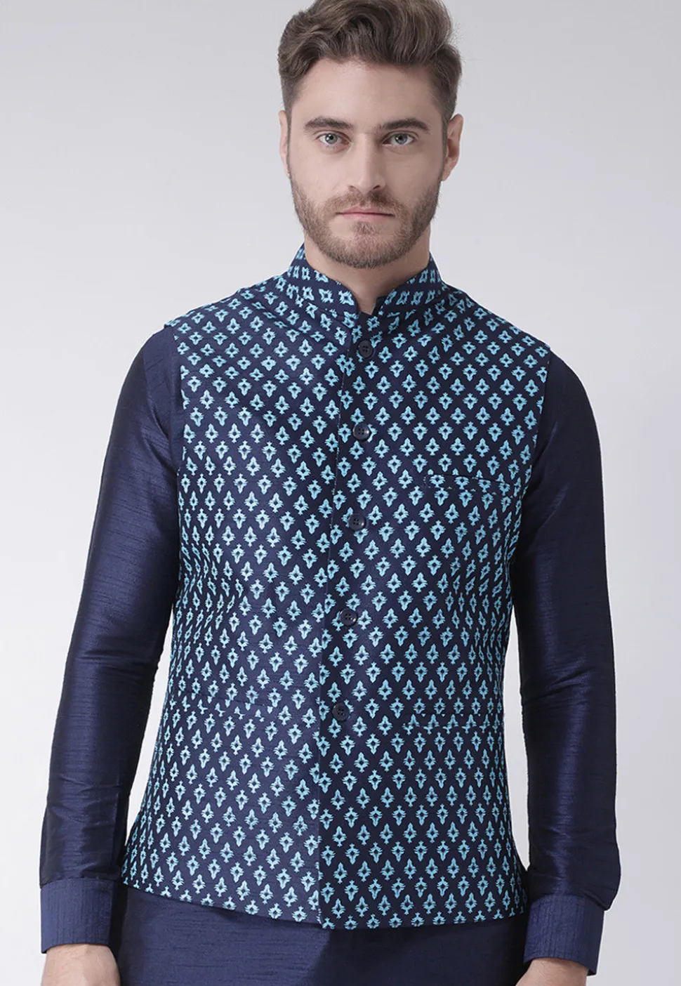 Printed Dupion Silk Nehru Jacket in Navy Blue