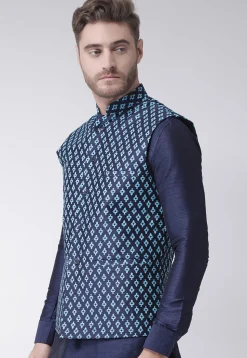 Printed Dupion Silk Nehru Jacket in Navy Blue