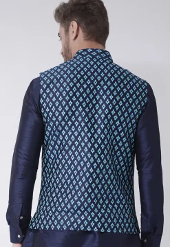 Printed Dupion Silk Nehru Jacket in Navy Blue