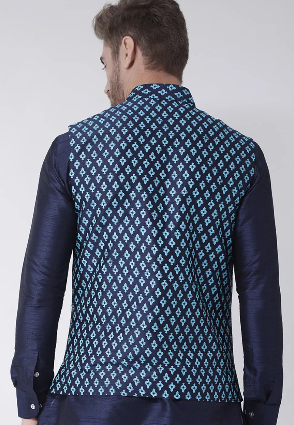 Printed Dupion Silk Nehru Jacket in Navy Blue