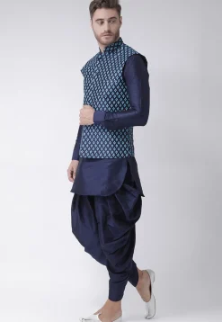 Printed Dupion Silk Nehru Jacket in Navy Blue