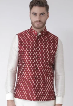 Printed Dupion Silk Nehru Jacket in Maroon