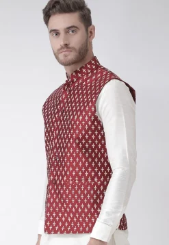 Printed Dupion Silk Nehru Jacket in Maroon