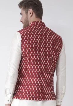 Printed Dupion Silk Nehru Jacket in Maroon