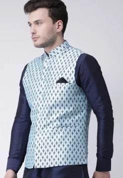 Printed Dupion Silk Nehru Jacket in Light Blue