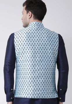 Printed Dupion Silk Nehru Jacket in Light Blue
