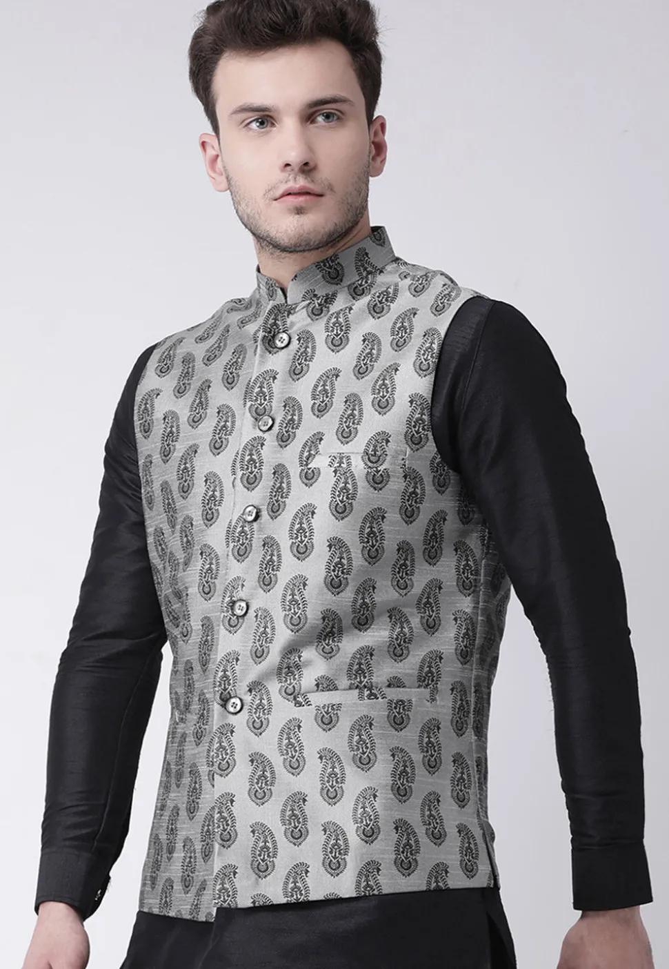 Printed Dupion Silk Nehru Jacket in Light Grey