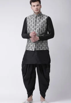 Printed Dupion Silk Nehru Jacket in Light Grey