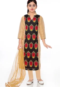 Printed Dupion Silk Straight Suit in Black and Beige