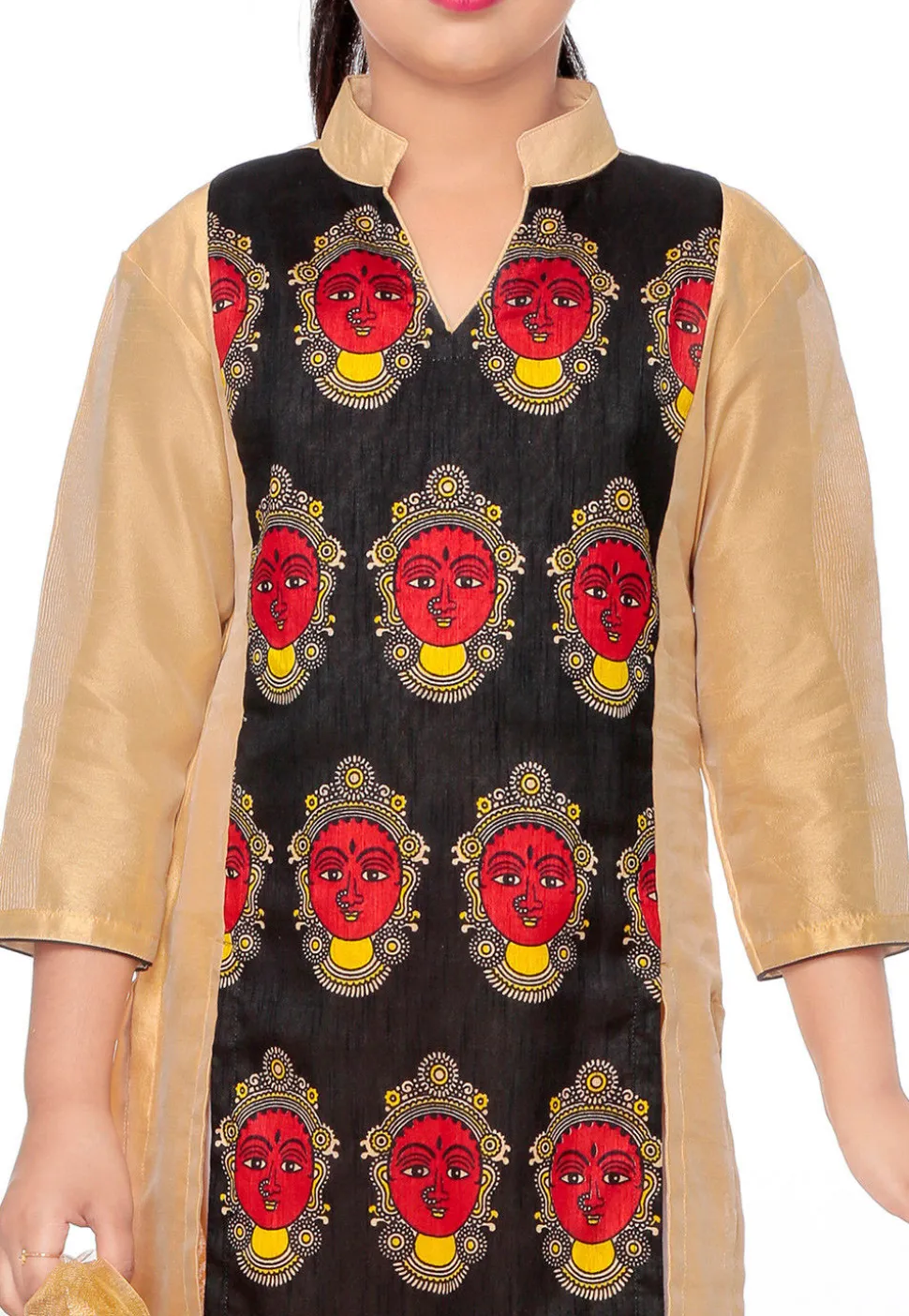 Printed Dupion Silk Straight Suit in Black and Beige