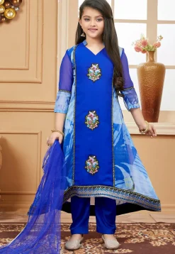 Printed Georgette A Line Suit in Royal Blue