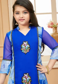 Printed Georgette A Line Suit in Royal Blue