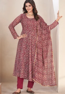 Printed Georgette A Line Suit in Maroon