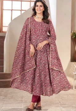 Printed Georgette A Line Suit in Maroon