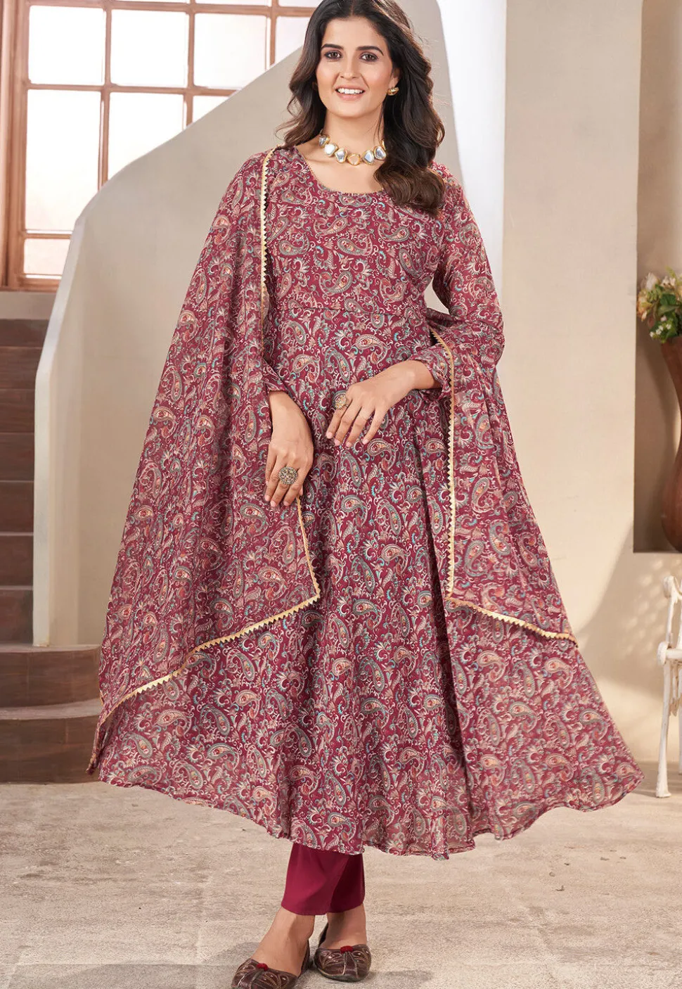 Printed Georgette A Line Suit in Maroon