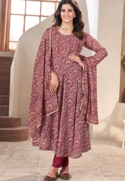 Printed Georgette A Line Suit in Maroon