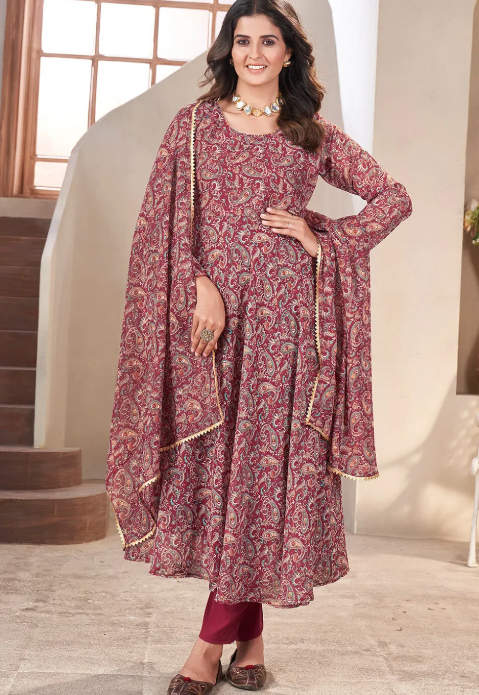 Printed Georgette A Line Suit in Maroon