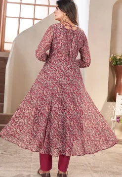 Printed Georgette A Line Suit in Maroon