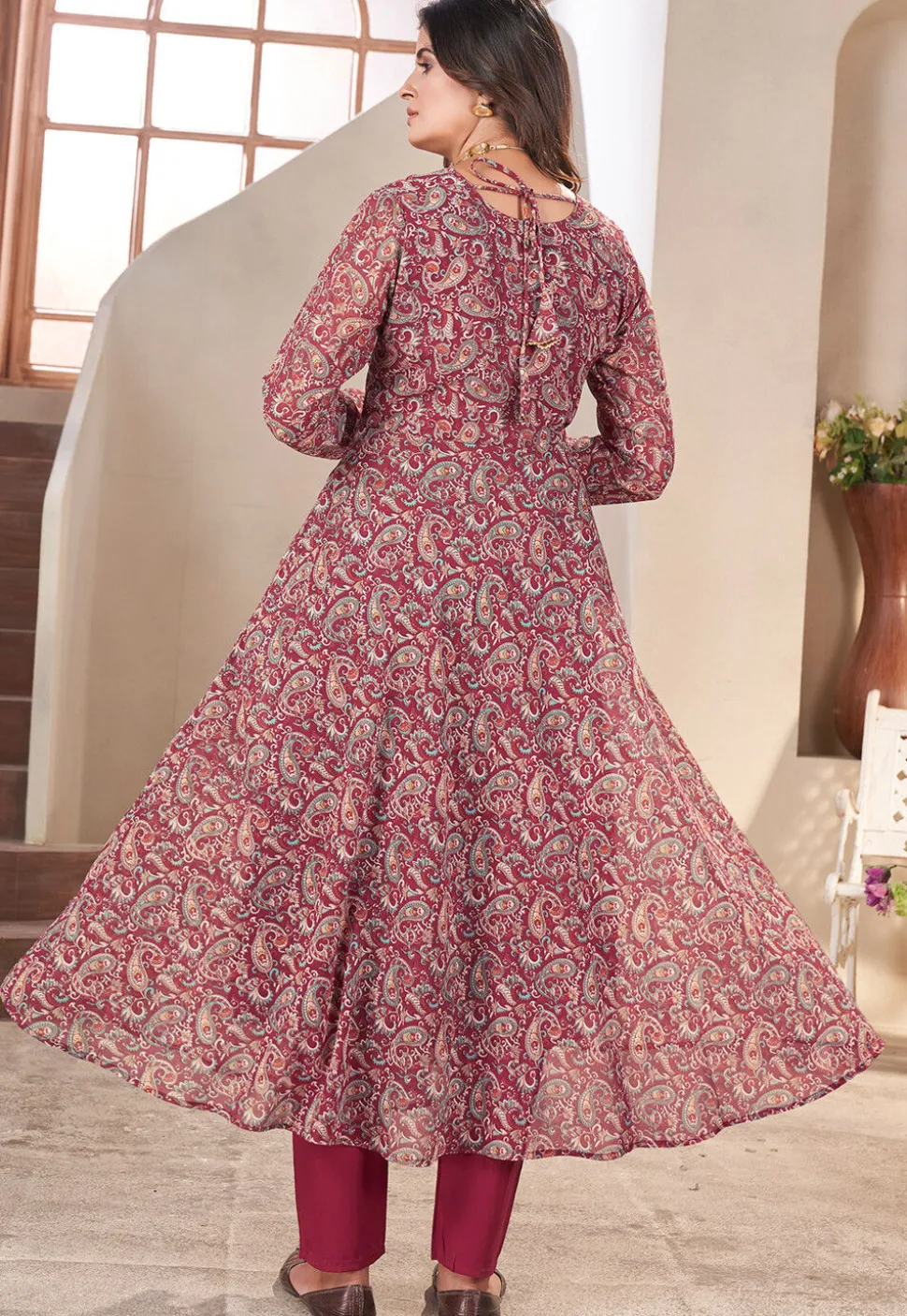 Printed Georgette A Line Suit in Maroon