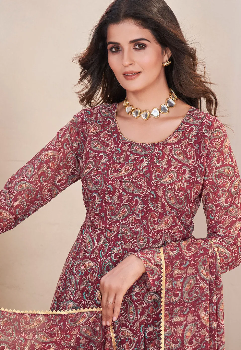 Printed Georgette A Line Suit in Maroon