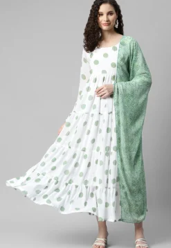 Printed Georgette Abaya Style Suit in White