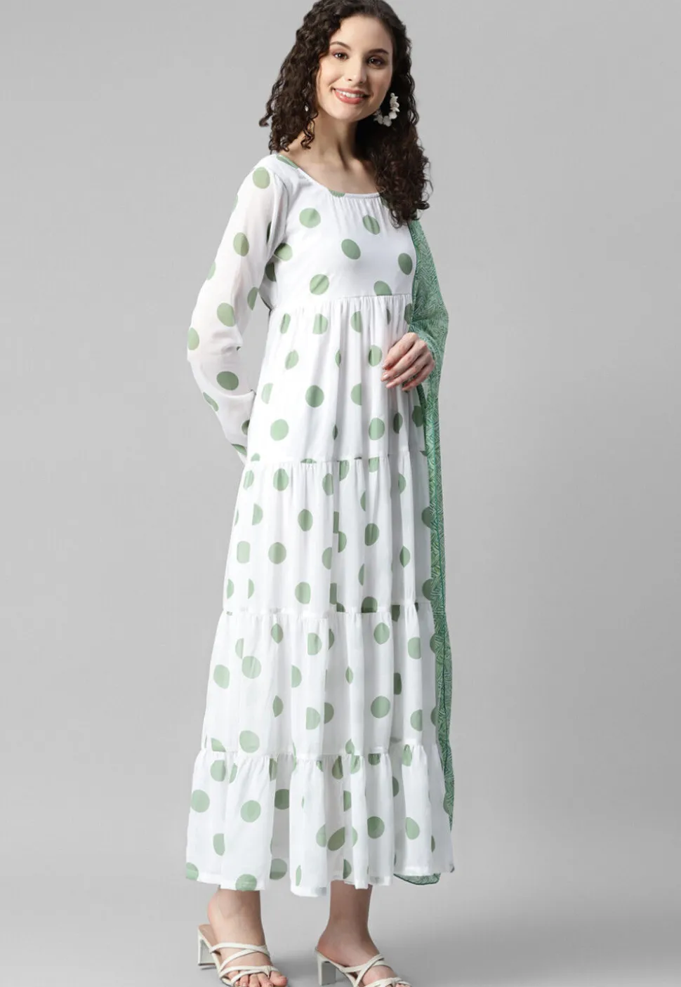 Printed Georgette Abaya Style Suit in White