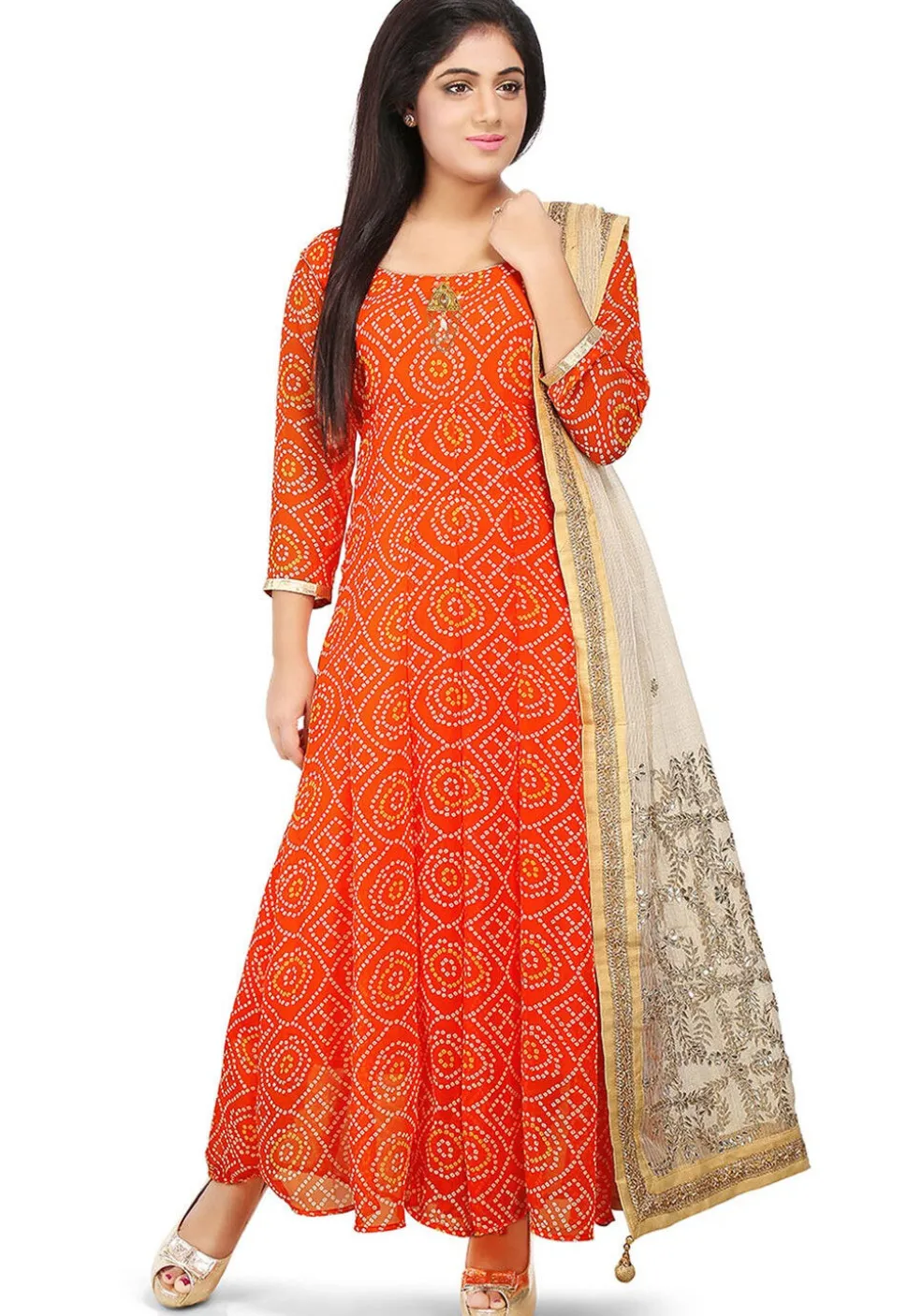 Printed Georgette Abaya Style Suit in Orange