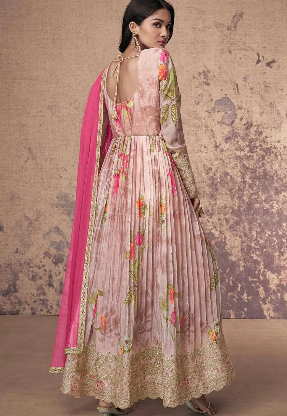 Printed Georgette Abaya Style Suit in Pink