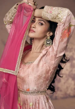 Printed Georgette Abaya Style Suit in Pink