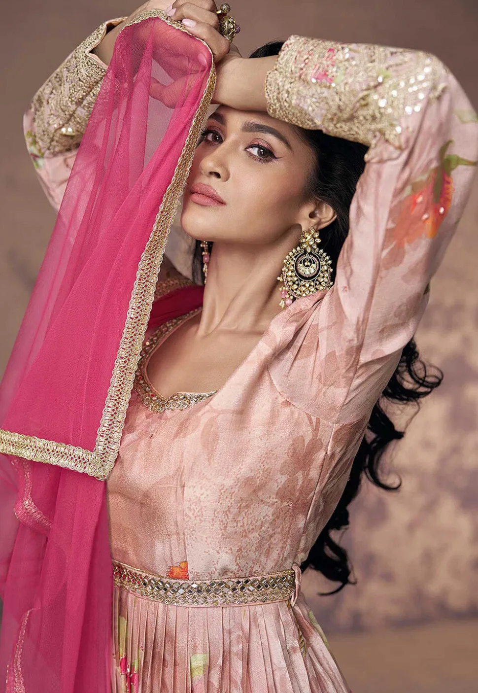 Printed Georgette Abaya Style Suit in Pink