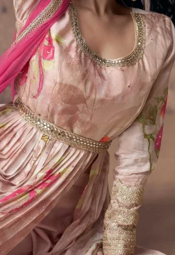 Printed Georgette Abaya Style Suit in Pink