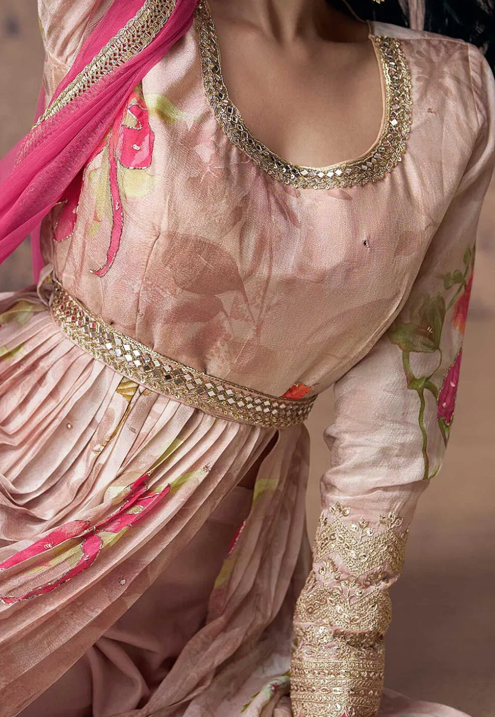 Printed Georgette Abaya Style Suit in Pink