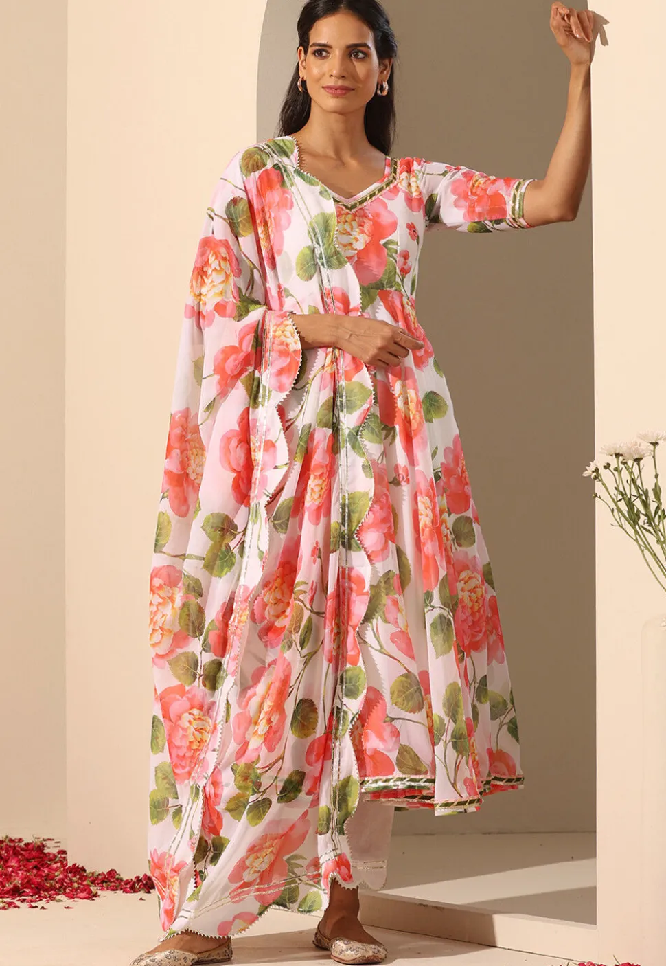 Printed Georgette Anarkali Suit in White