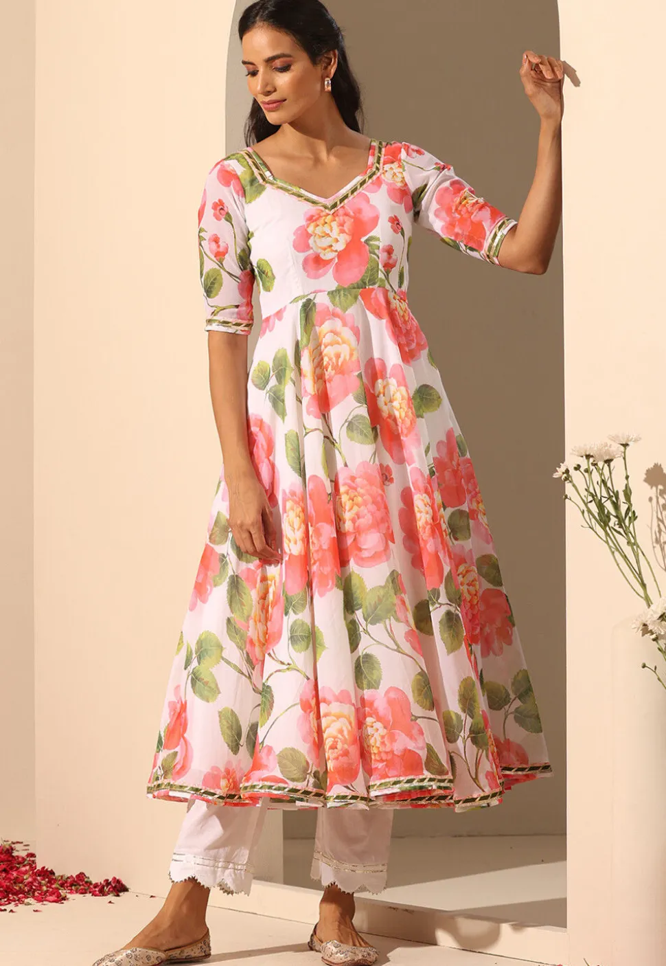 Printed Georgette Anarkali Suit in White