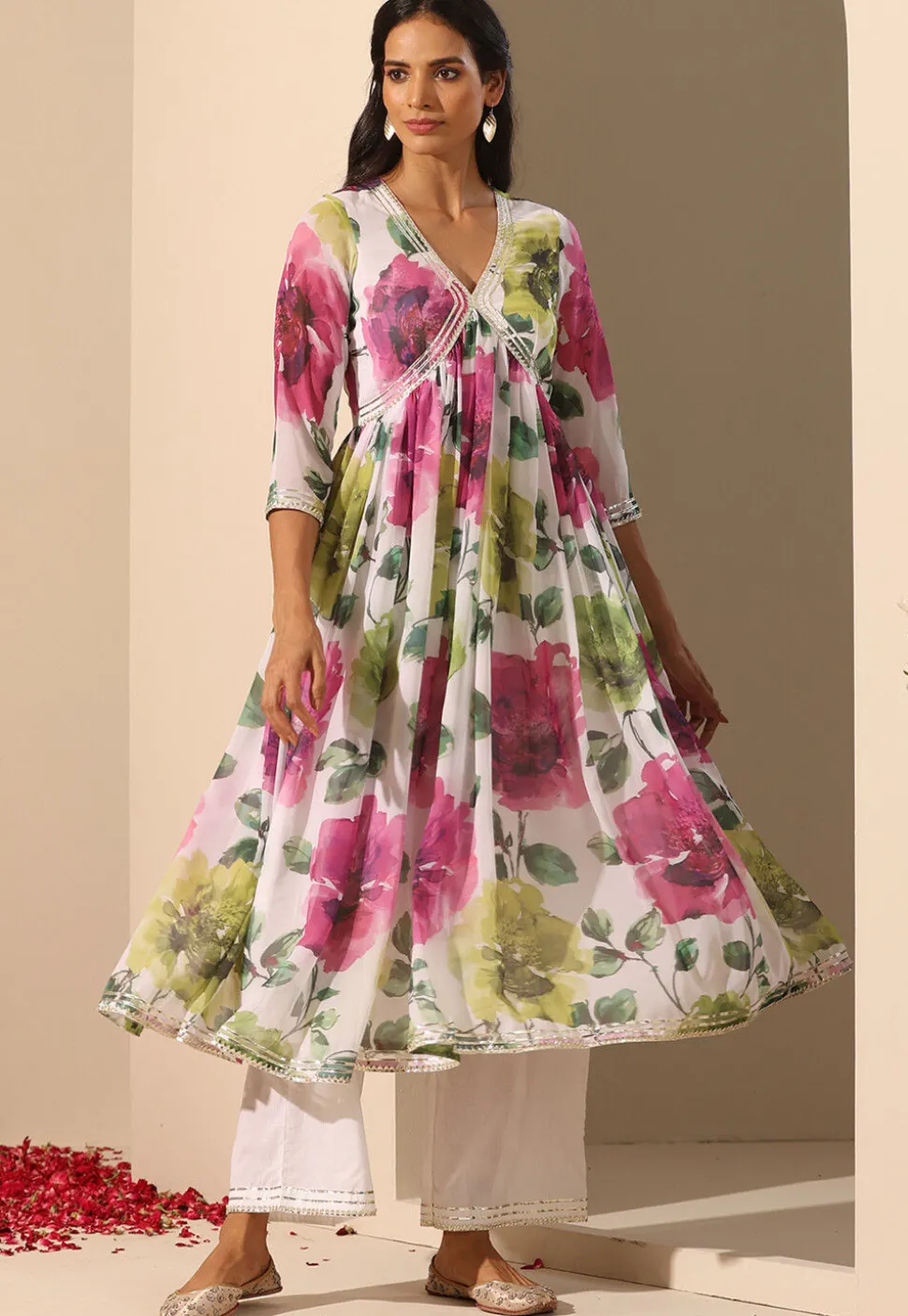 Printed Georgette Anarkali Suit in White