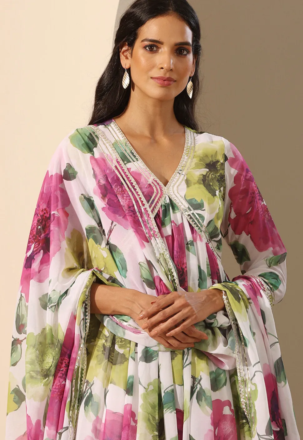 Printed Georgette Anarkali Suit in White