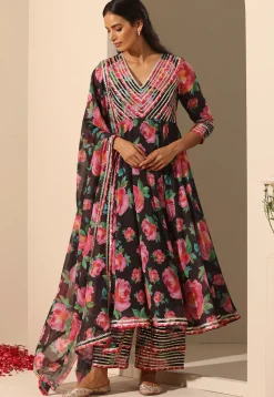 Printed Georgette Anarkali Suit in Black