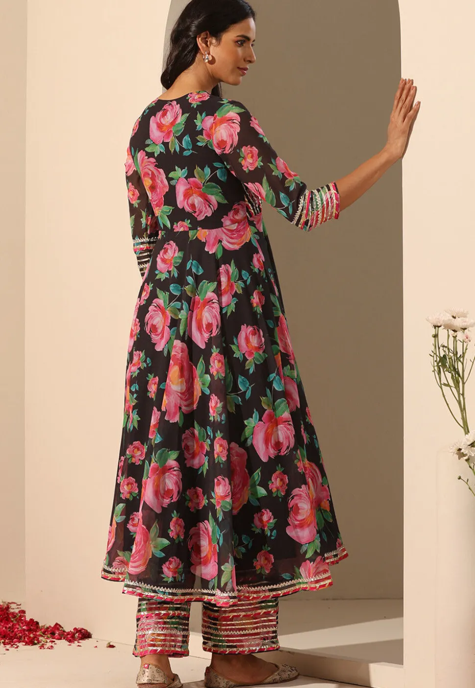 Printed Georgette Anarkali Suit in Black