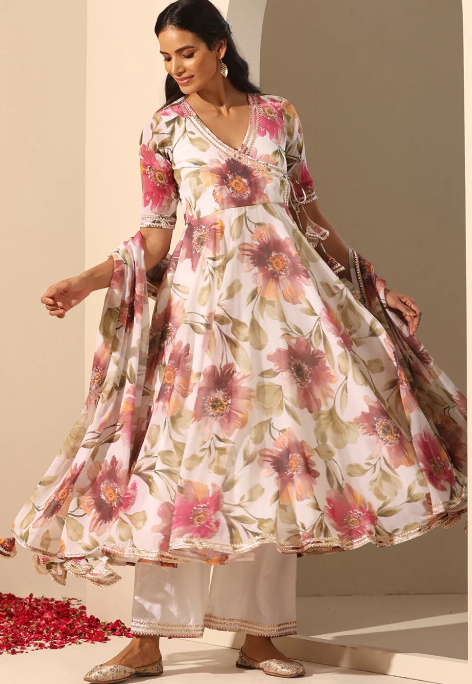Printed Georgette Anarkali Suit in White