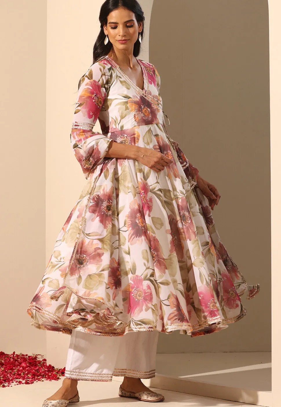 Printed Georgette Anarkali Suit in White