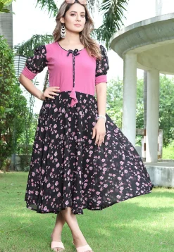 Printed Georgette and Lycra Elastane Fit N Flare Dress in Black and Pink