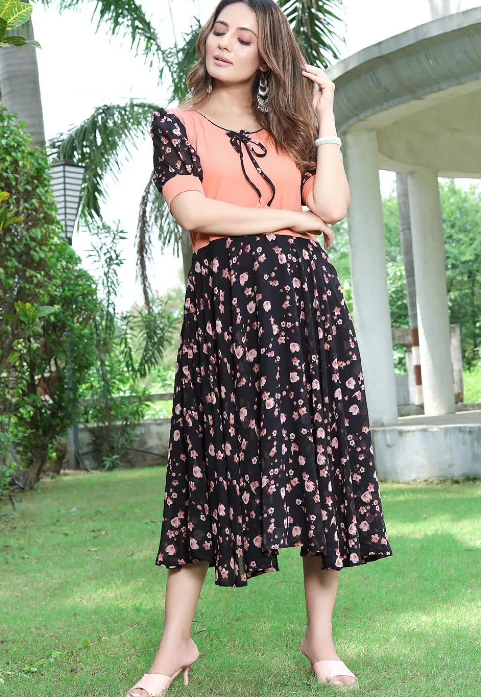 Printed Georgette and Lycra Elastane Fit N Flare Dress in Black and Peach