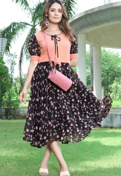 Printed Georgette and Lycra Elastane Fit N Flare Dress in Black and Peach