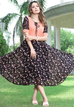 Printed Georgette and Lycra Elastane Fit N Flare Dress in Black and Peach