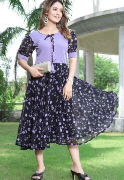 Printed Georgette and Lycra Elastane Fit N Flare Dress in Black and Purple