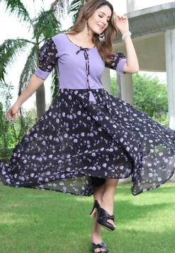 Printed Georgette and Lycra Elastane Fit N Flare Dress in Black and Purple