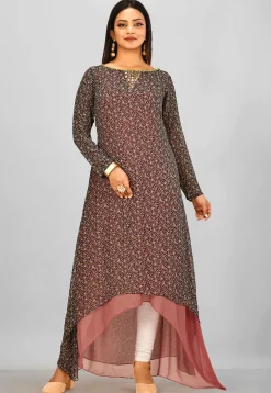 Printed Georgette Asymmetric Kurta in Black and Peach