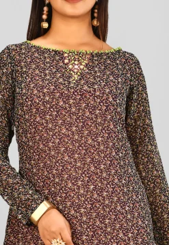 Printed Georgette Asymmetric Kurta in Black and Peach