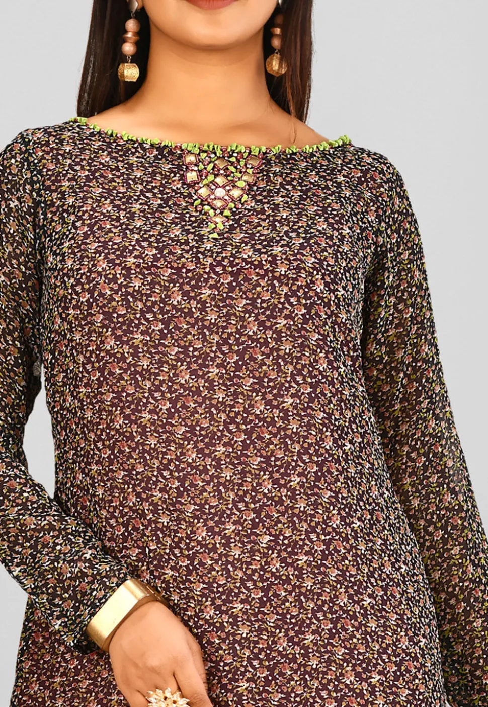 Printed Georgette Asymmetric Kurta in Black and Peach