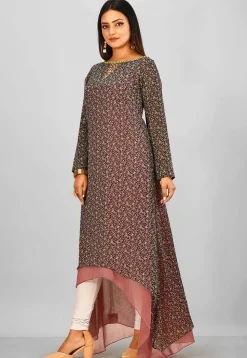 Printed Georgette Asymmetric Kurta in Black and Peach